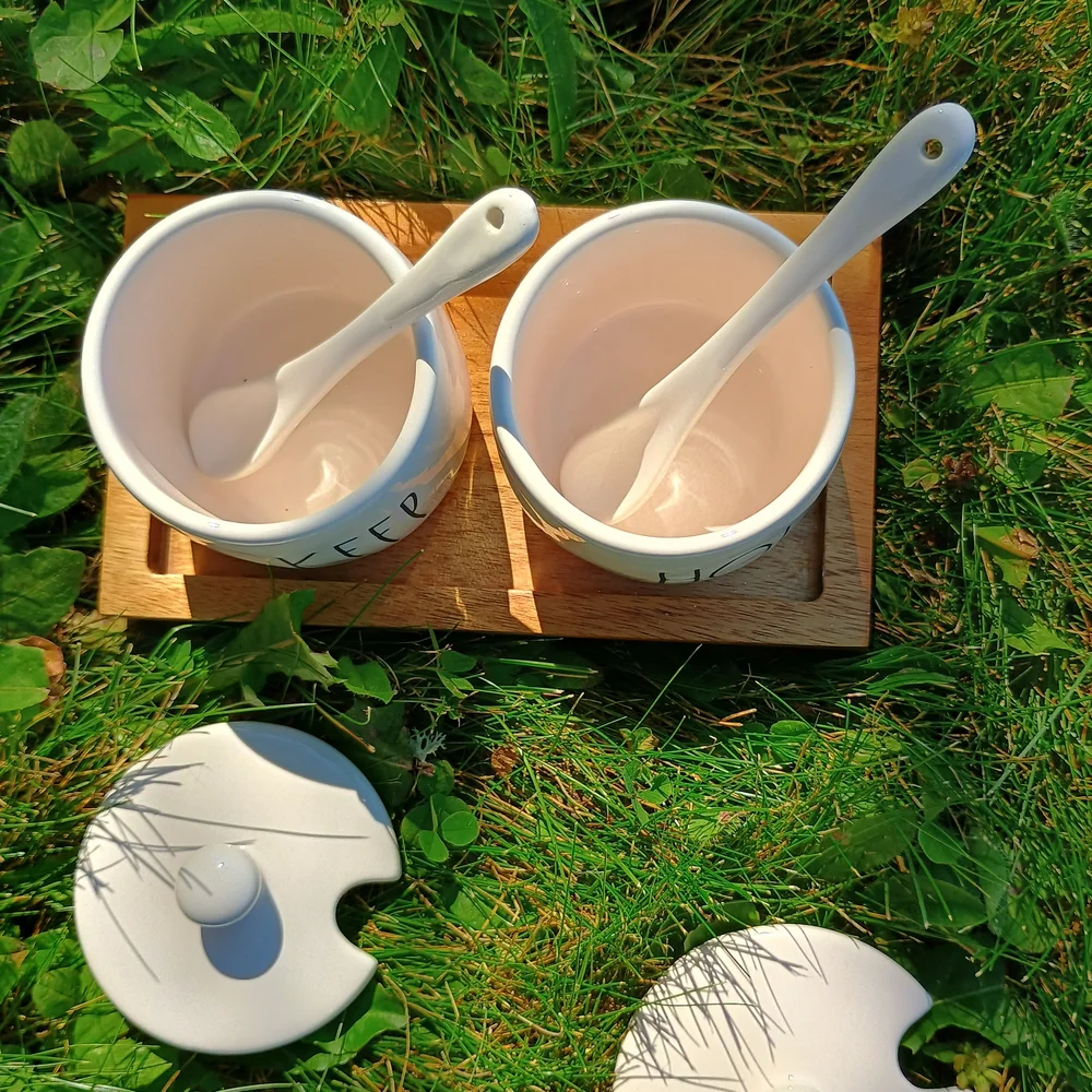 Rae Dunn Keep Hold ceramic serving pots w spoons, lids & base, farmhouse style
